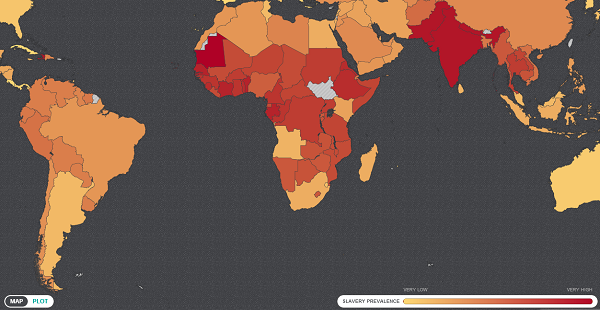 Mapa da escravidão no mundo em 2013. Clique para ver o mapa completo e mais detalhes (em inglês). Imagem: Reprodução/Walk Free