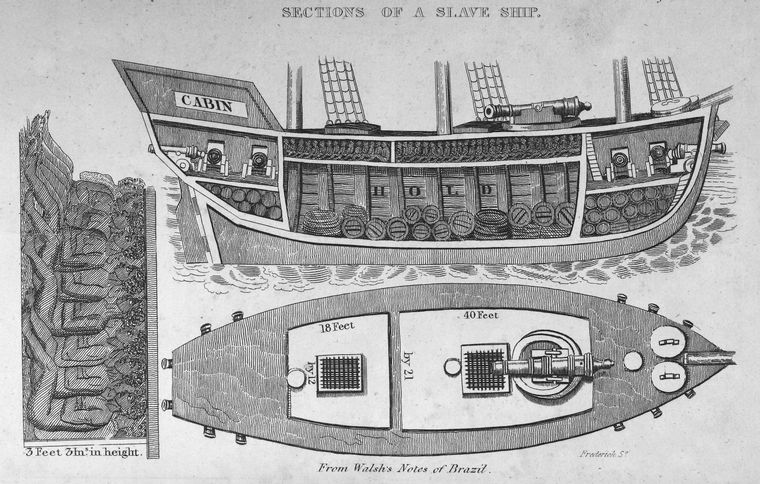 Fotografia: Mathew Ilustração de 1832 mostrando as seções de um navio negreiro. Carey/New York Public Library Digital Collections