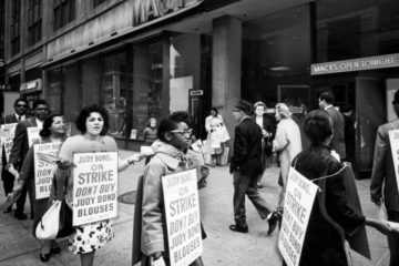 4309w C1.9 1965 .Picketing ILGWU members outside Macys department store urge shoppers not to buy Judy Bond blouses  850 569