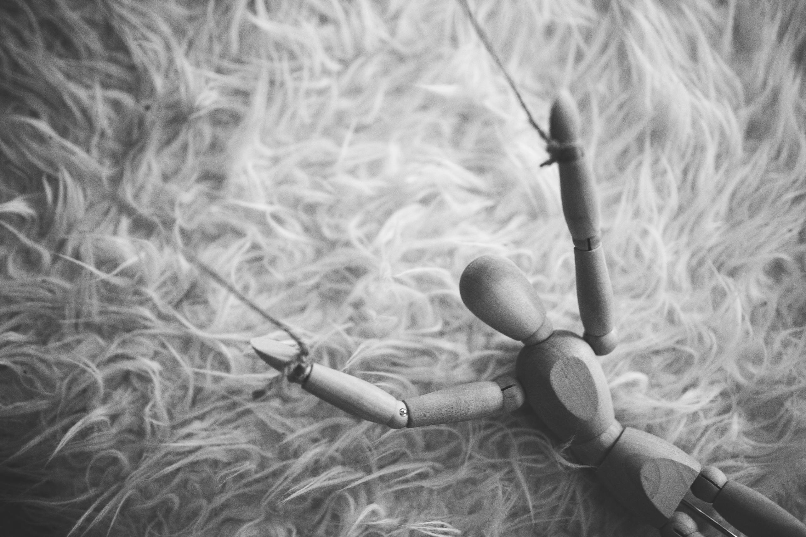 Black and white image of a wooden puppet laying on a furry surface, evoking a dramatic and artistic mood.