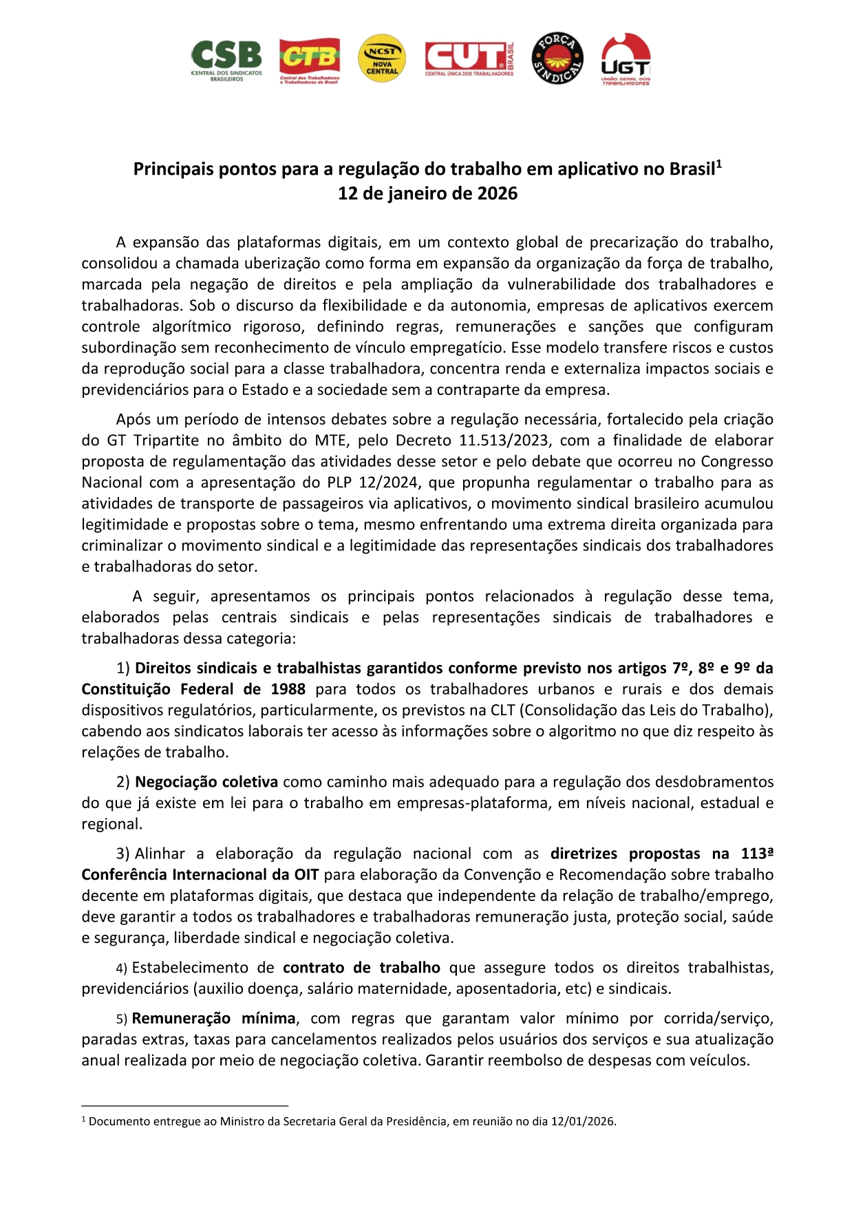 Proposta das centrais sindicais para regulação do trabalho em aplicativo